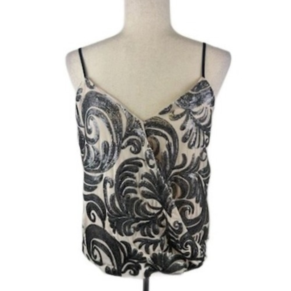 1.STATE Sleeveless Tank Top Beige Black Floral Sequin Cami Blouse‎ Size Medium